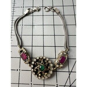 925 Sterling Silver Ruby Emerald Floral Bracelet 8”